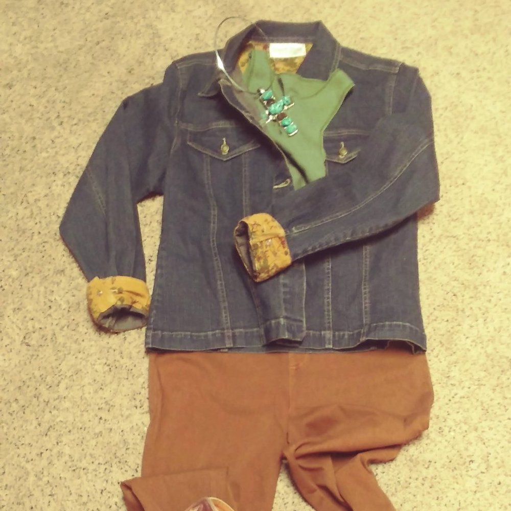 Denim Jean jacket with Corduroy tan floral cuffs